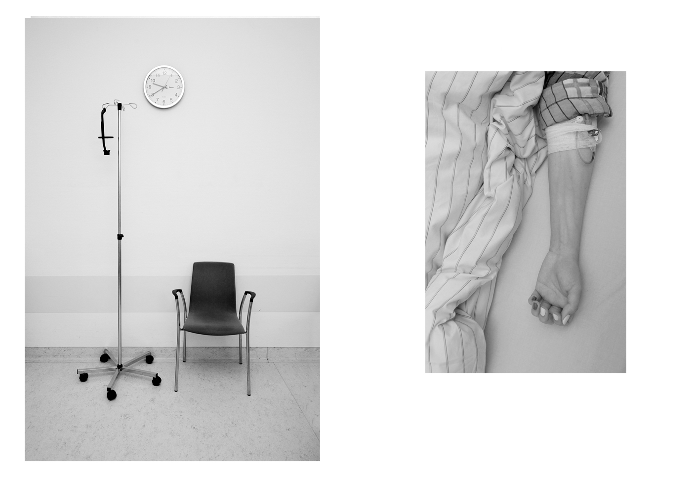 uebermorgenschnee: 2 images, one showing a stand with chemotreatment and one a jand holding a cover for the chemo treatmend