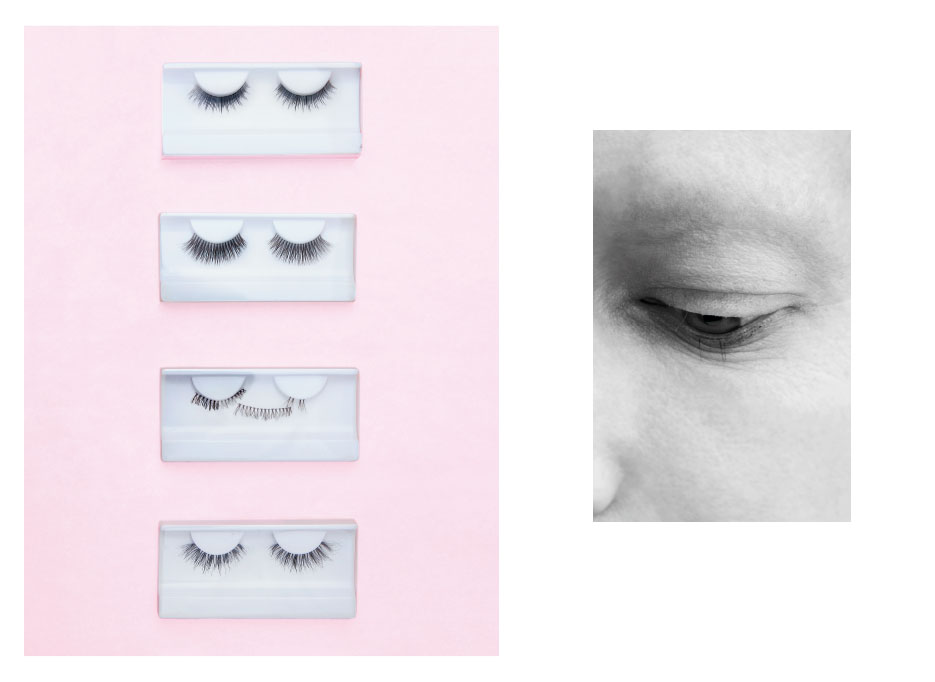 uebermorgen schnee, 2 images, on has 4 boxes with fake eylashes on light pink background, the other showing an b+w image of an eye without lashes or eybrow