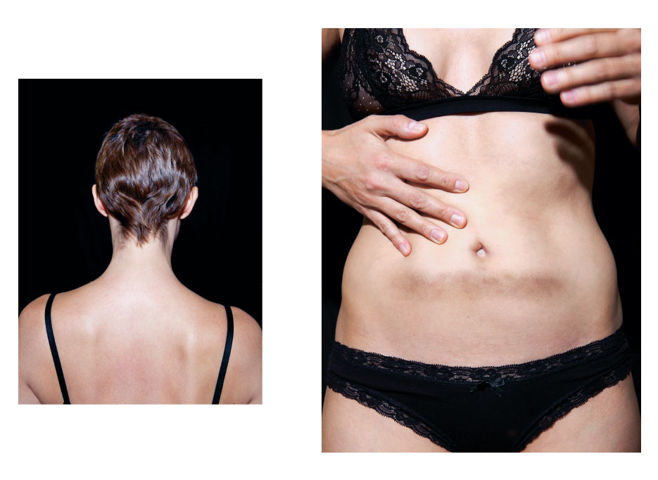 uebermorgen schnee, 2 images, left: the back of a woman with short hair, right: a woman in nice black underwar is holding her belly, which has bruises bellow the bellybutton