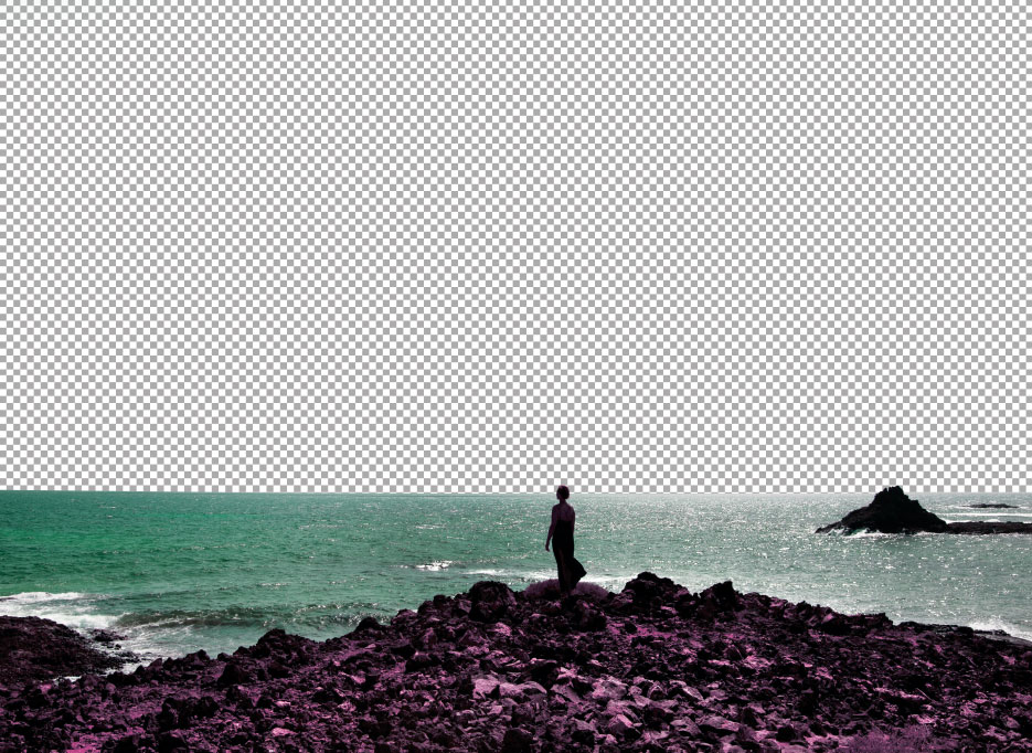 uebermorgen schnee, a woman standing on the shore of an ocean, the rock she is standing on is purple, the ocean green and the sky has been replaced by white nad grey little squares pattern